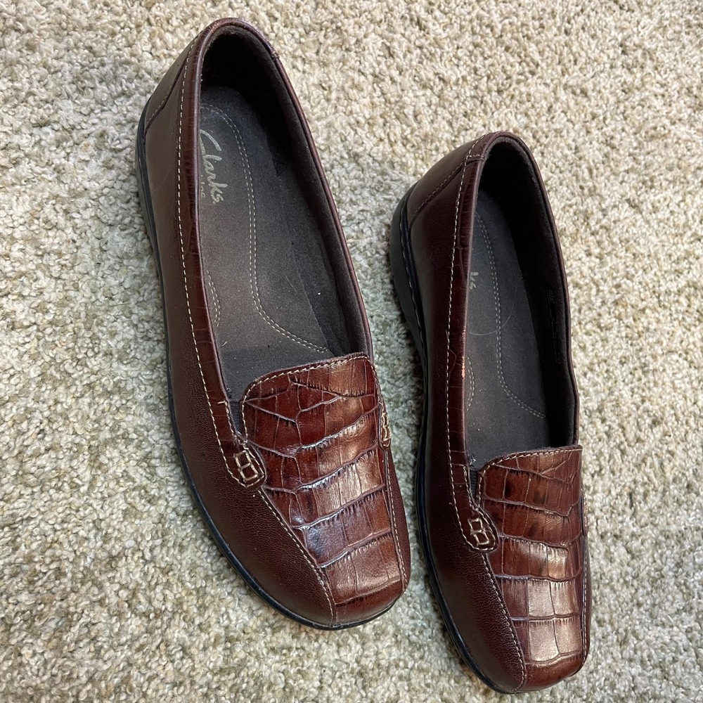 Clarks Bendables Brown Croc Embossed Leather Loafers Officewear Shoes Womens 8M